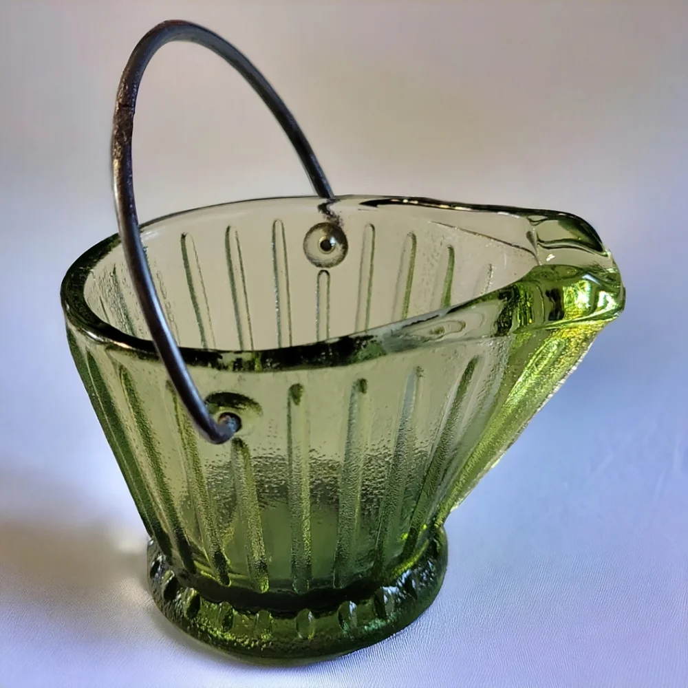 Vtg 60's Hazel Atlas Glass Company Green Glass Ashtray Toothpick Holder Bucket